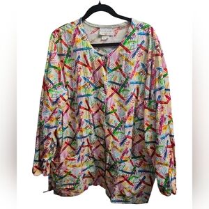Peaches Uniforms Crayon Scribble Colorful Scrub Top 2XL Multicolor EUC